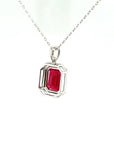 18K White Gold Ruby Emerald Shape Frame Pave Diamond Necklace