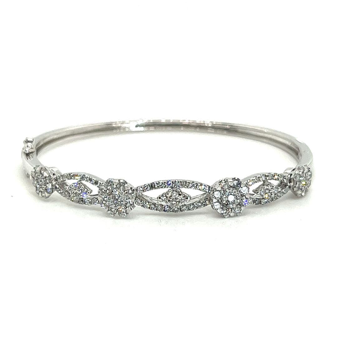 18K White Gold Happy Lotus Flat Cluster Diamond Bangle