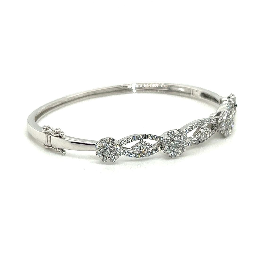 18K White Gold Happy Lotus Flat Cluster Diamond Bangle