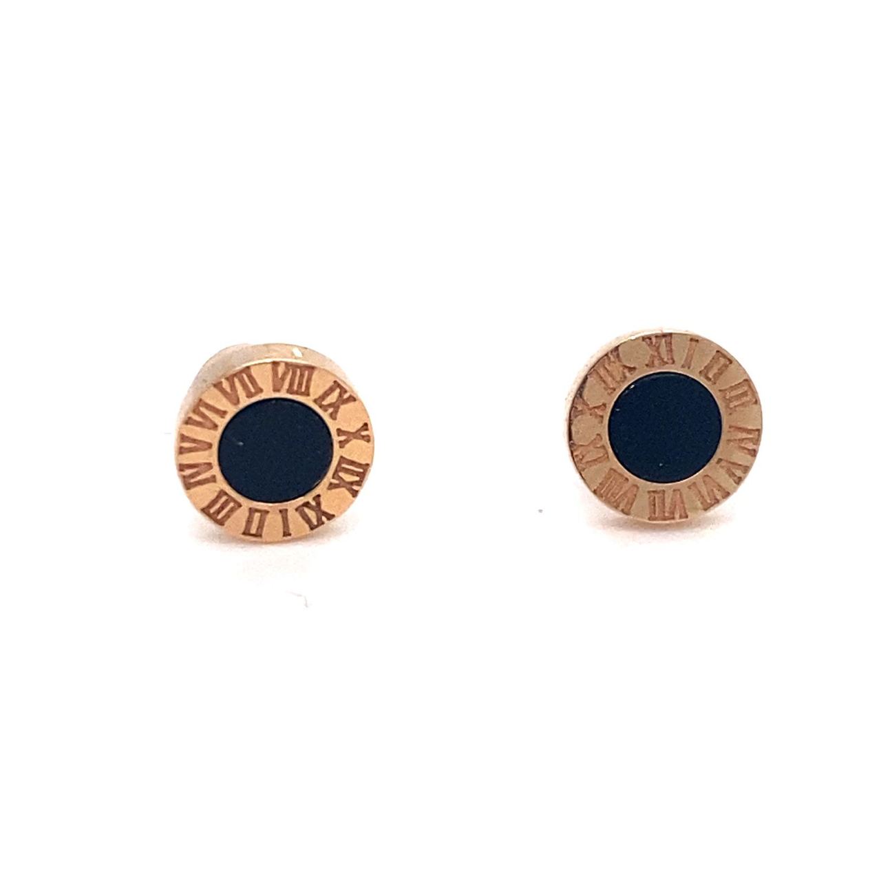 18K Rose Gold Baby Roman Clock Onyx Earrings