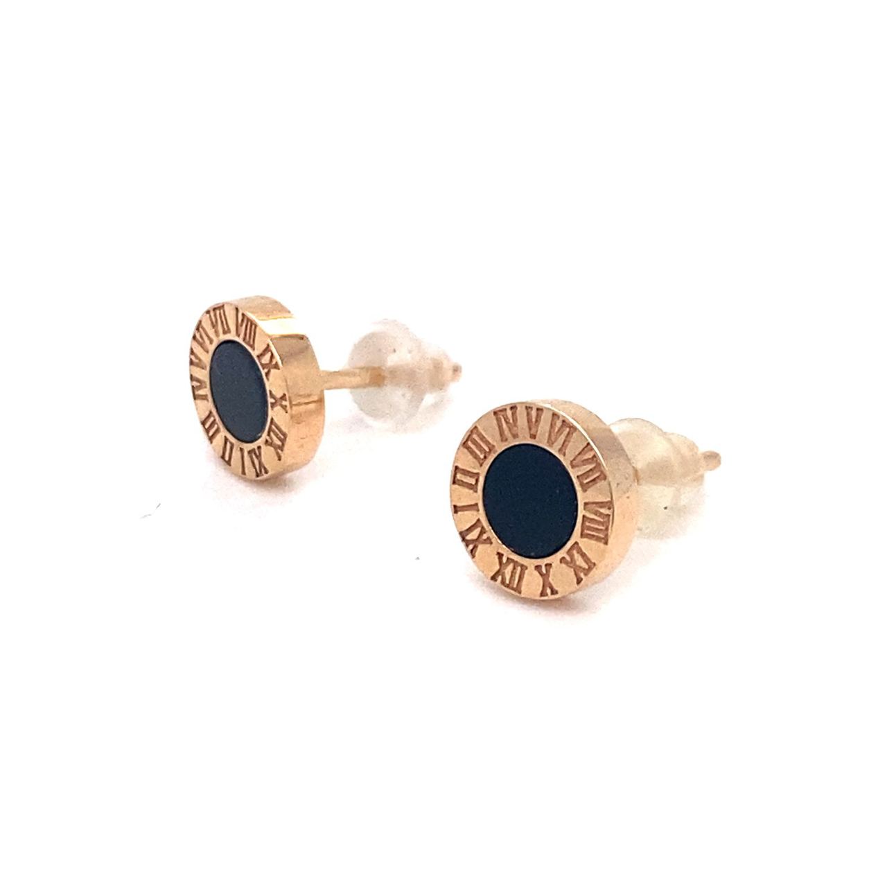 18K Rose Gold Baby Roman Clock Onyx Earrings