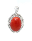 18K White Gold Coral Oval Diamond Happy Pendant