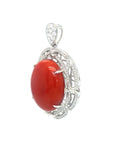 18K White Gold Coral Oval Diamond Happy Pendant