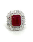 18K White Gold Emerald Shape Ruby Pear Halo Victorian Diamond Ring