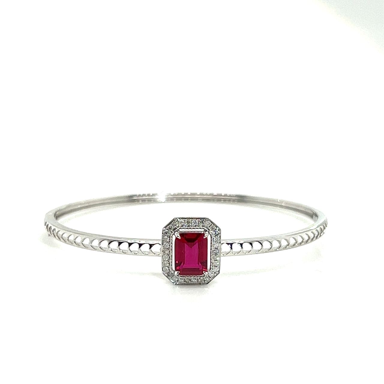 18K White Gold Emerald Ruby Halo Diamond Holo Round Bangle