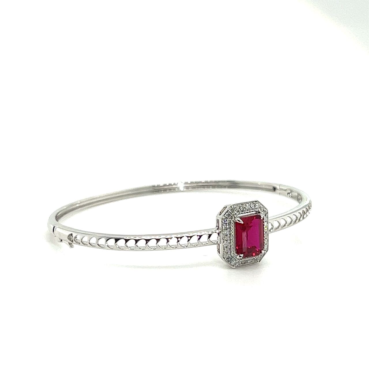 18K White Gold Emerald Ruby Halo Diamond Holo Round Bangle