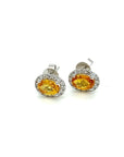 18K White Gold Oval Orange Sapphire Diamond Halo Earrings