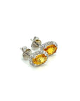 18K White Gold Oval Orange Sapphire Diamond Halo Earrings