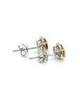 18K White Gold Oval Orange Sapphire Diamond Halo Earrings