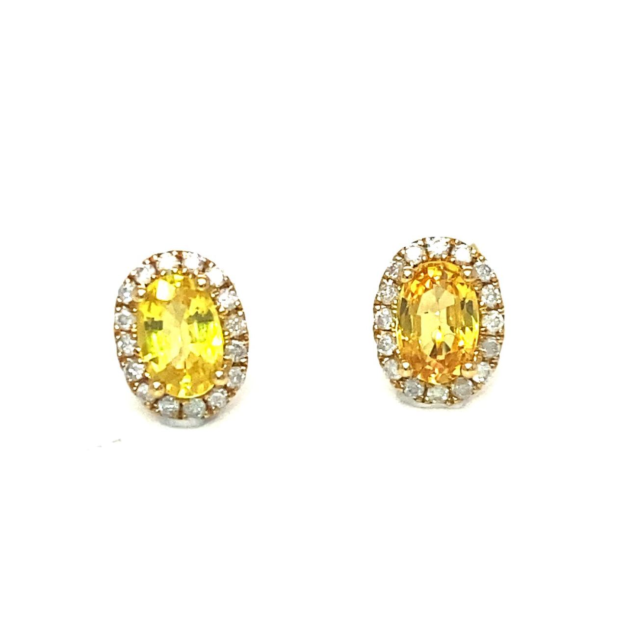18K Yellow Gold Oval Yellow Sapphire Diamond Halo Earrings