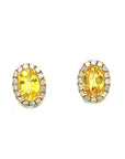 18K Yellow Gold Oval Yellow Sapphire Diamond Halo Earrings