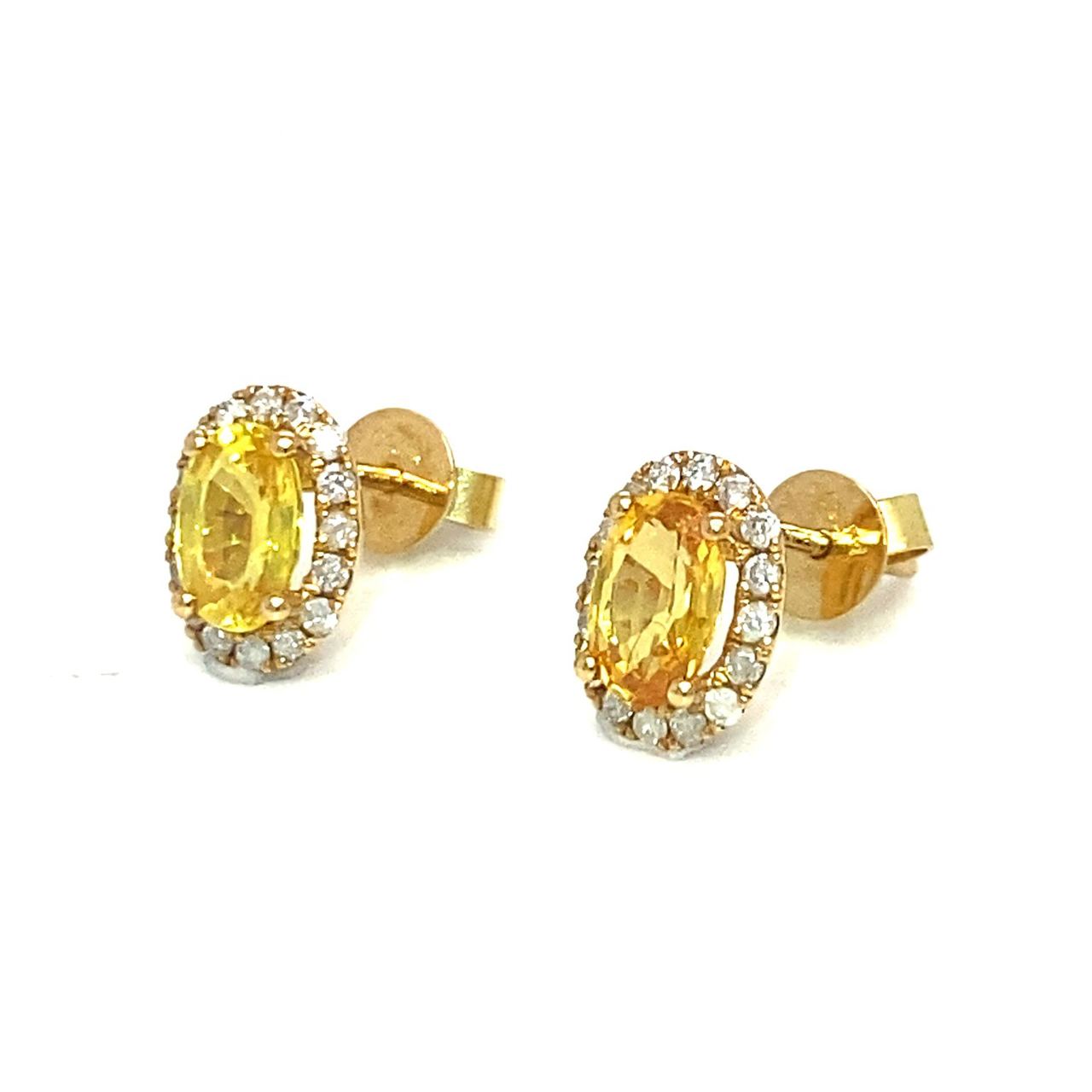 18K Yellow Gold Oval Yellow Sapphire Diamond Halo Earrings