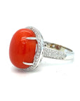 18K White Gold Oval Coral Bubble Side Diamond Ring