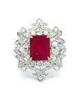 18K White Gold Ever Glow Ruby Em Shape Lace Diamond Ring