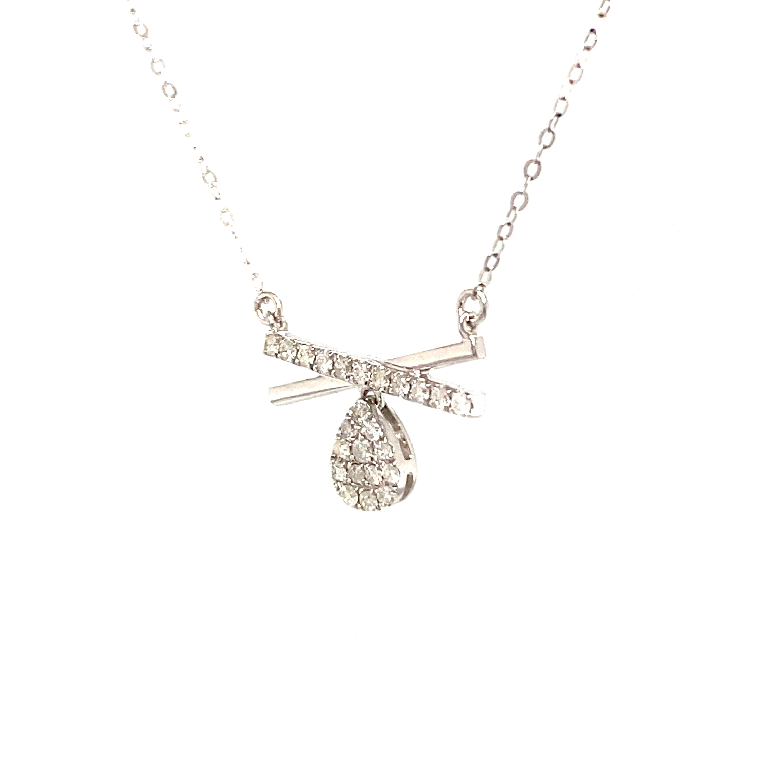 18K White Gold Cross Sign Drop Diamond Necklace