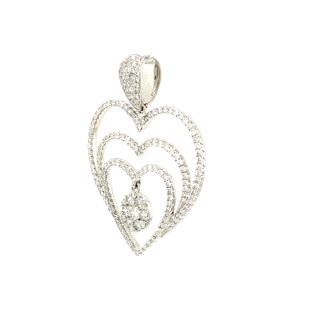 18K White Gold Triple Holo Pave Heart Cluster Diamond Pendant