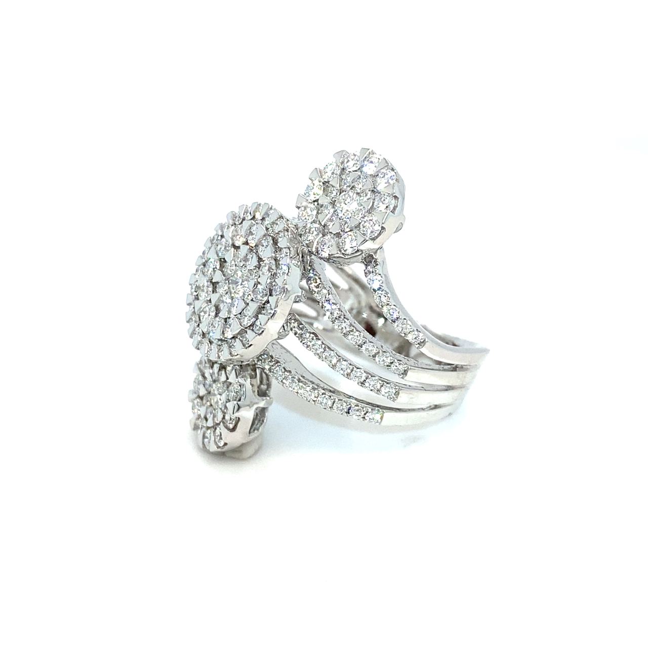 18K White Gold Triple Lotus Cluster Top Diamond Ring