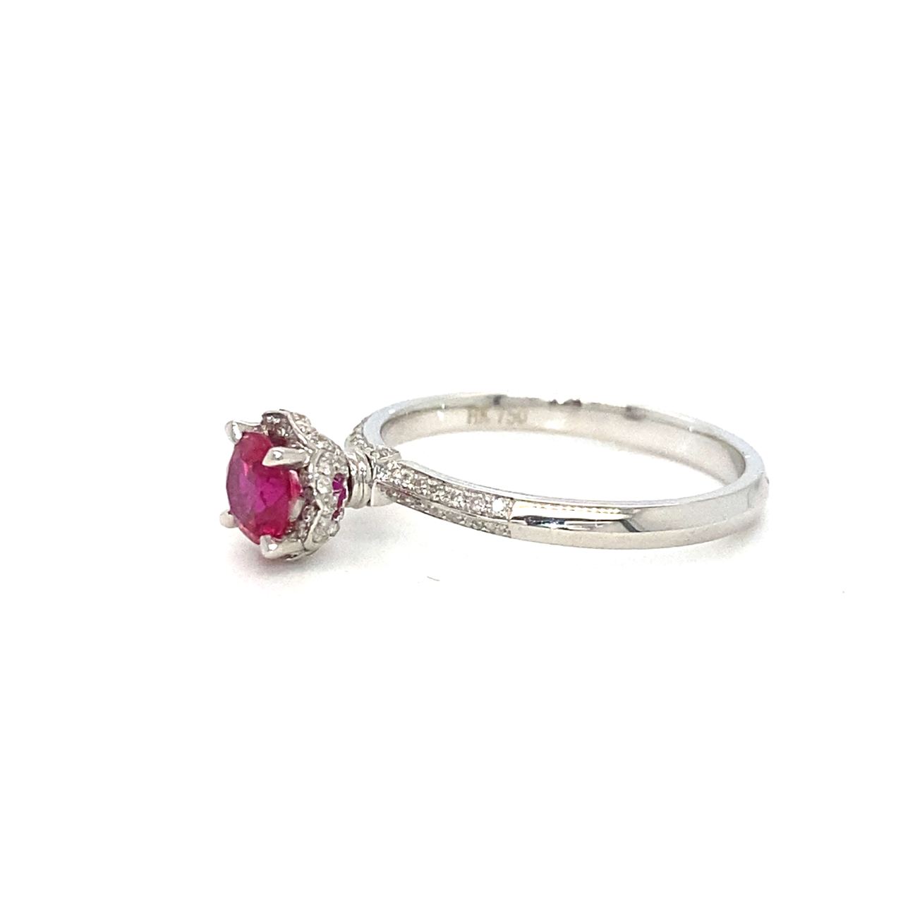 18K White Gold Round Ruby Halo Diamond High Diamond Ring
