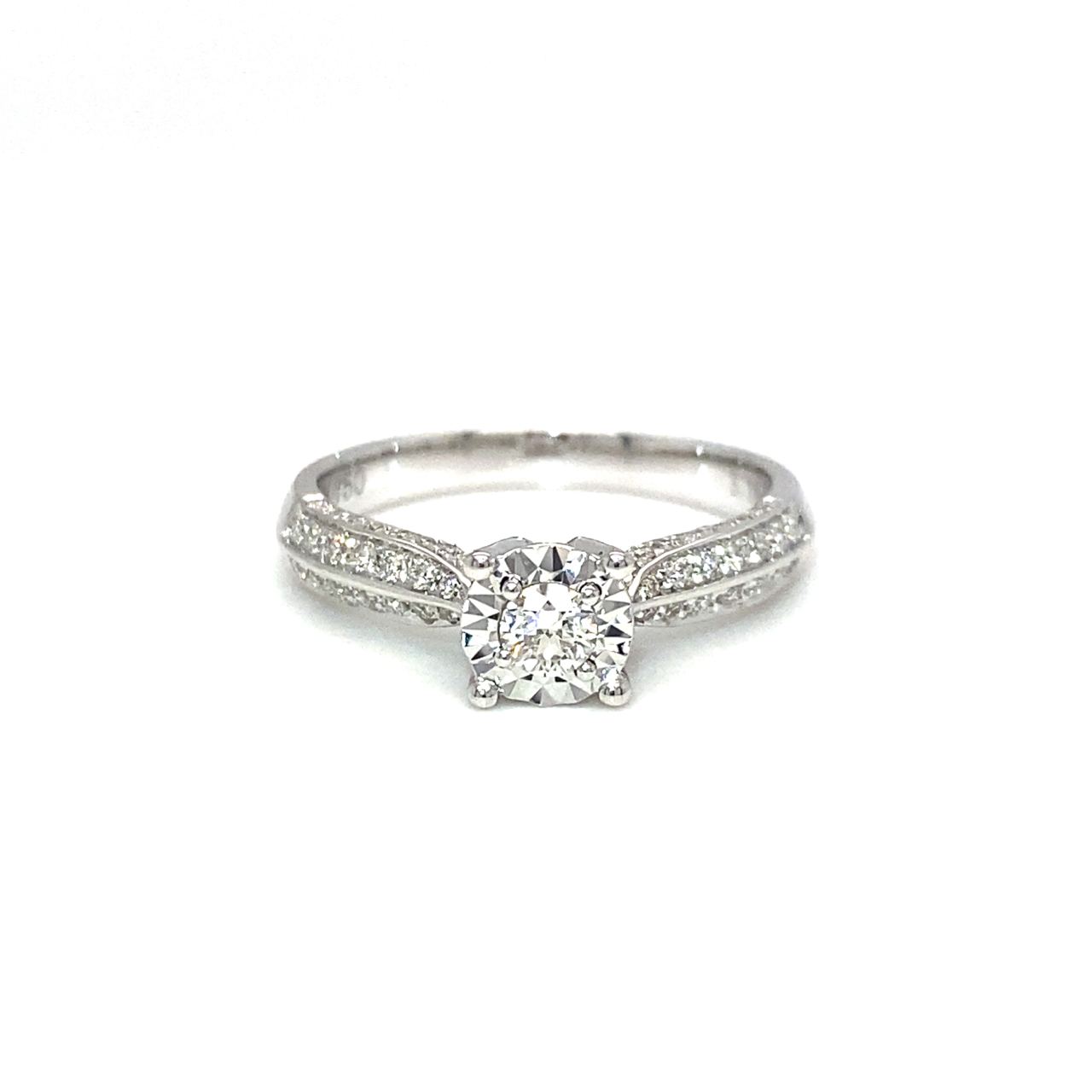18K White Gold Flower Top Blade Band Slim Diamond Ring