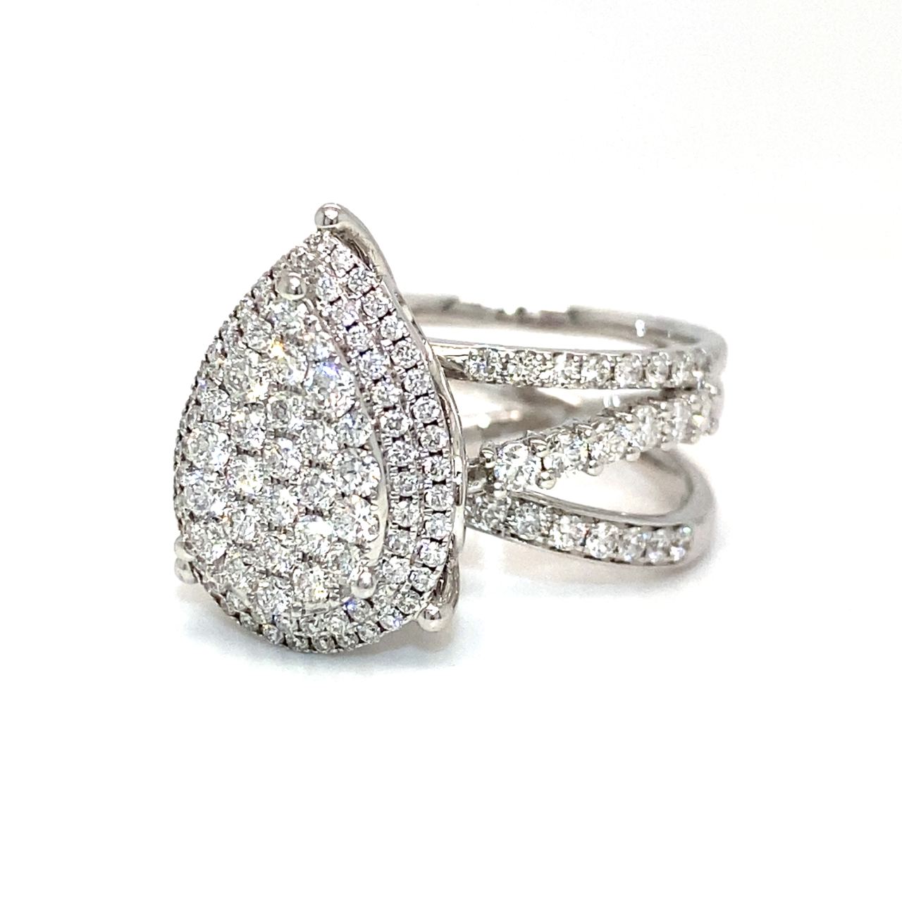 18K White Gold Mega Flat Pave Pear High Cathedral Luxe Diamond Ring