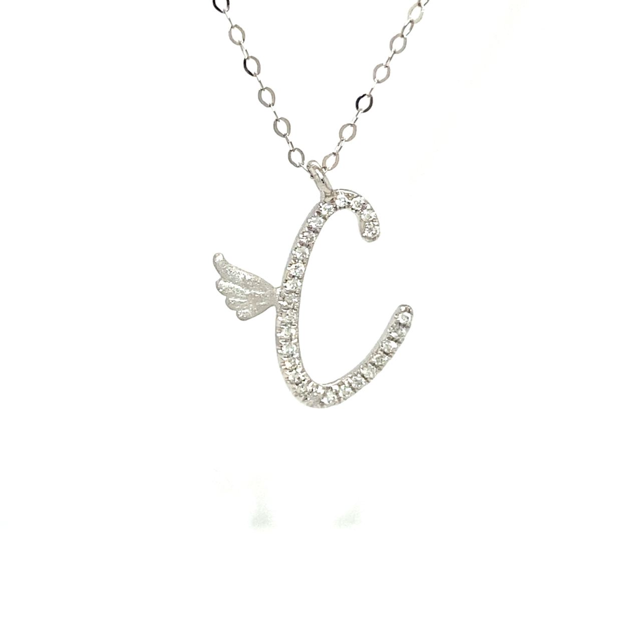 18K White Gold Stylish Wings Alphabet C Full Diamond Necklace