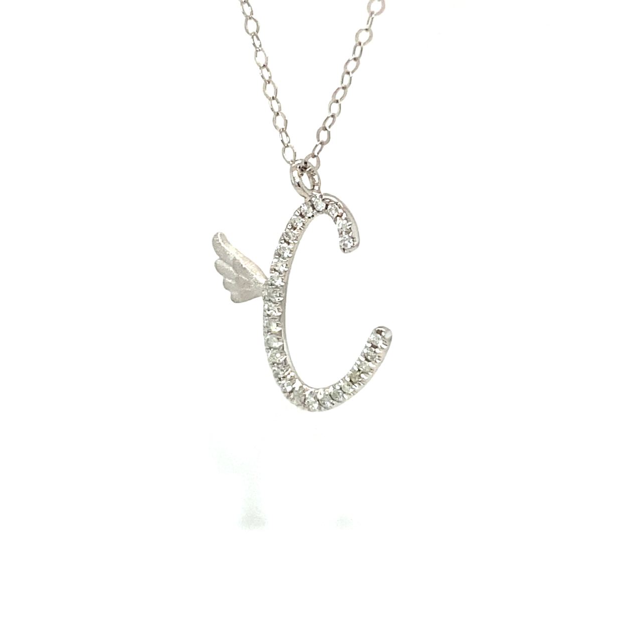18K White Gold Stylish Wings Alphabet C Full Diamond Necklace