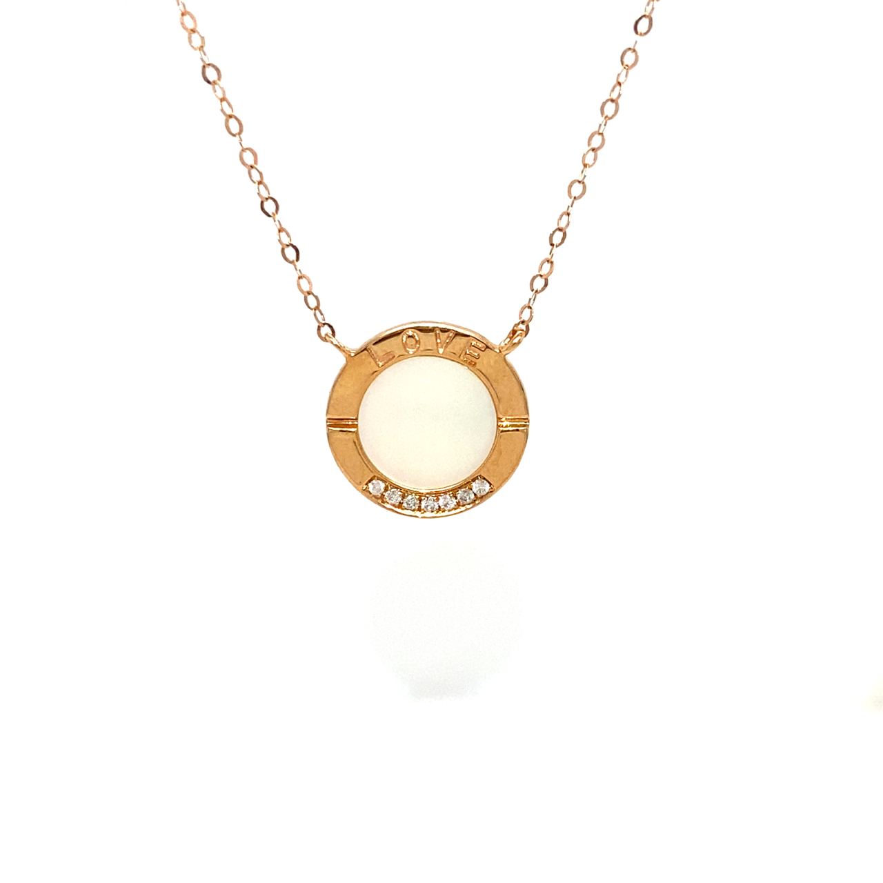 18K Rose Gold Flat Love Round Mother of Pearl Diamond Necklace