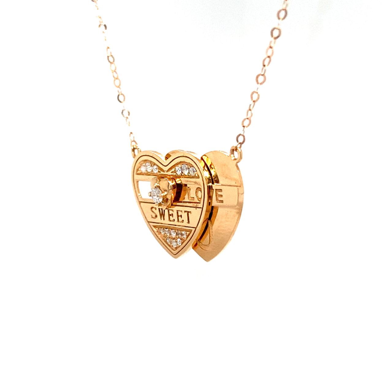 18K Rose Gold Mechanical Double Heart SWEET LOVE U Diamond Necklace