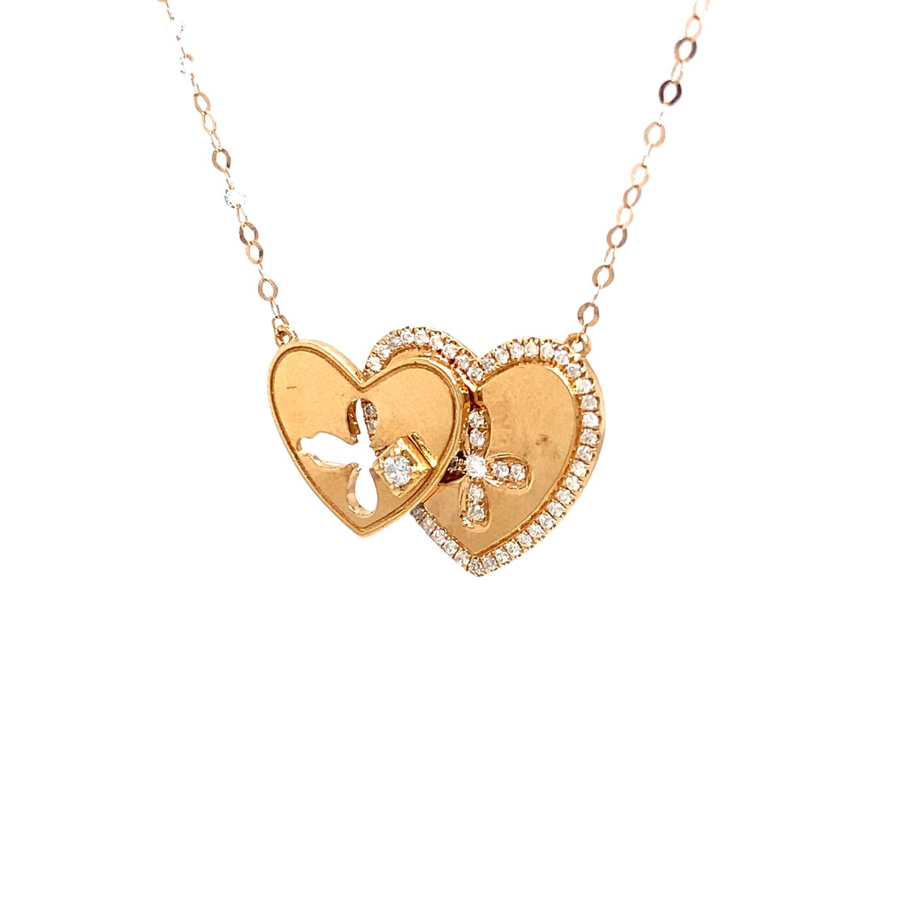 18K Rose Gold Mechanical Moveable Heart Cross Diamond Necklace