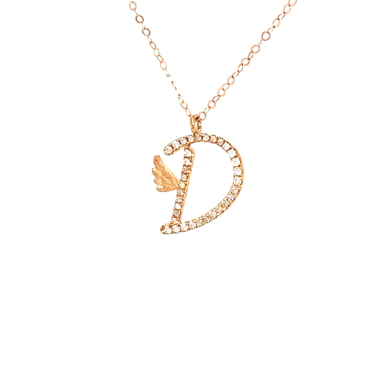 18K Rose Gold Stylish Wings Alphabet D Full Diamond Necklace