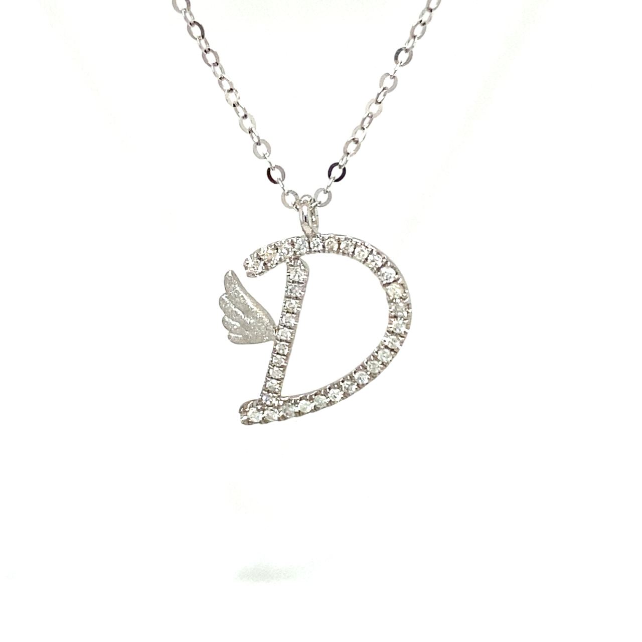 18K White Gold Stylish Wings Alphabet D Full Diamond Necklace