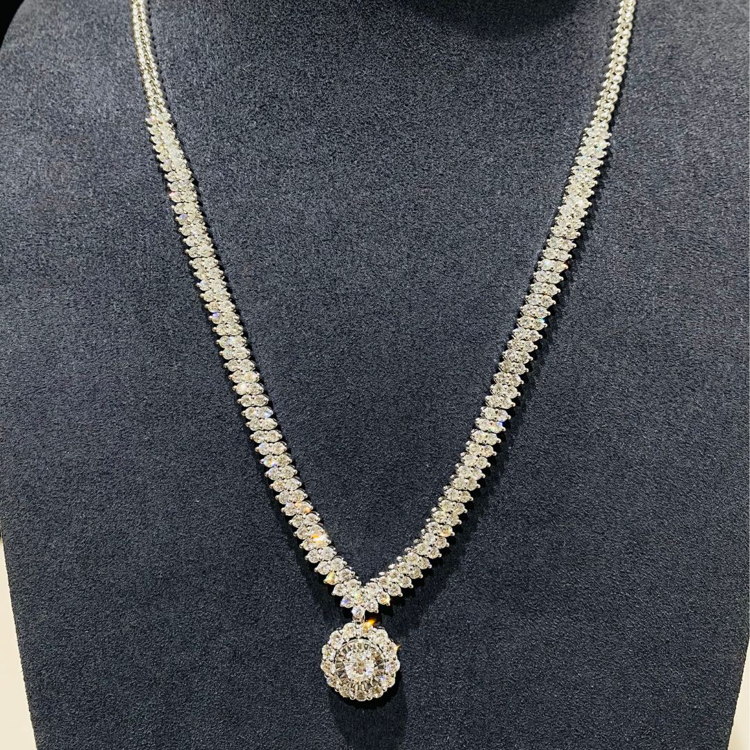 18K White Gold Slim V Shape Hard Full Diamond Necklace