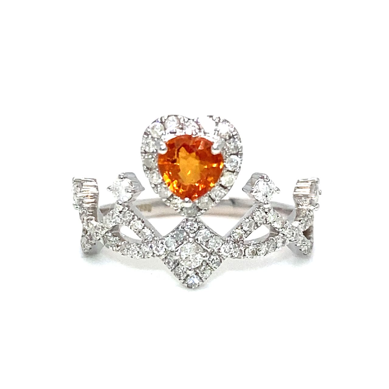 18K White Gold Heart Shape Sapphire Crown Diamond Ring