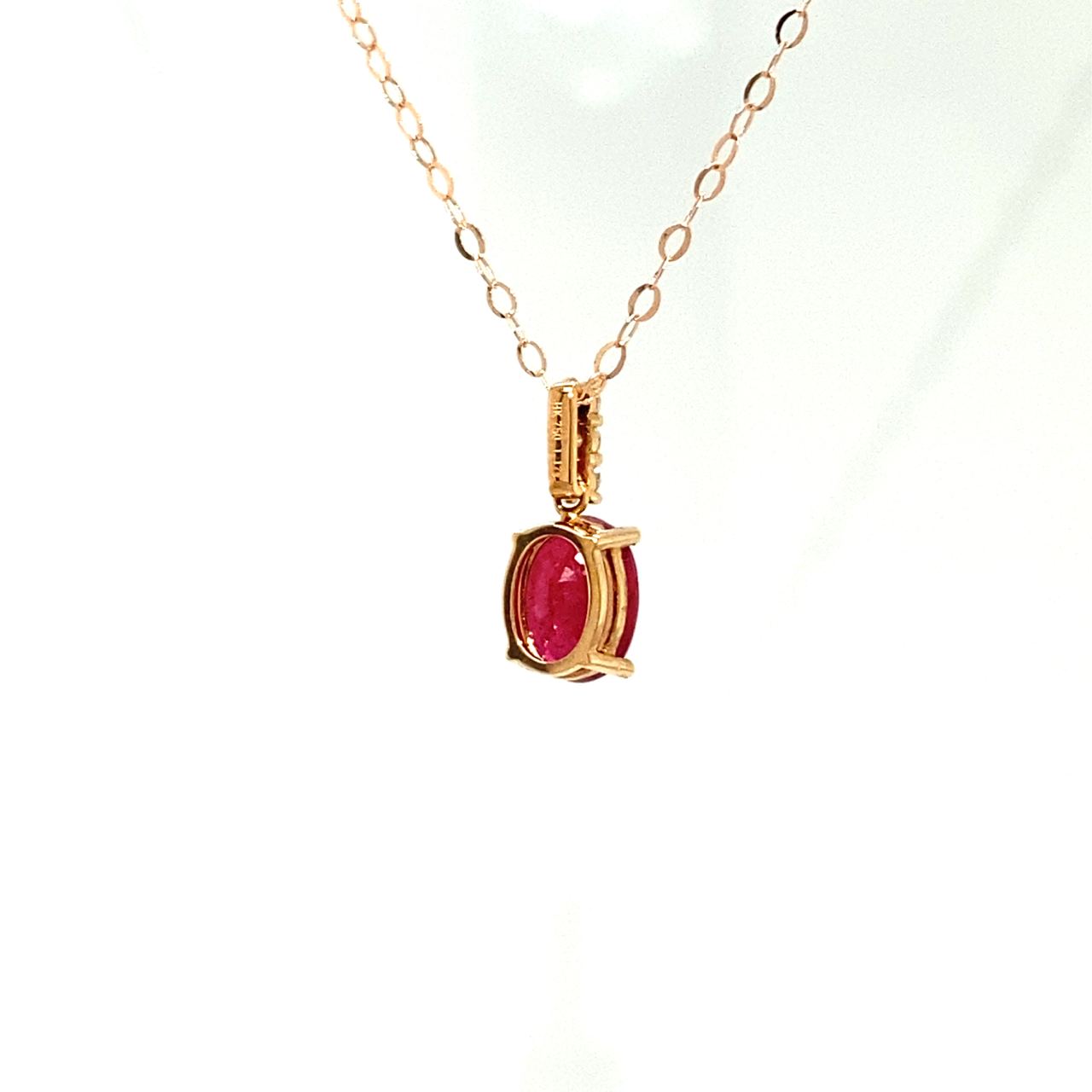 18K Rose Gold Oval Mini Ruby Triple Straight  Diamond Necklace
