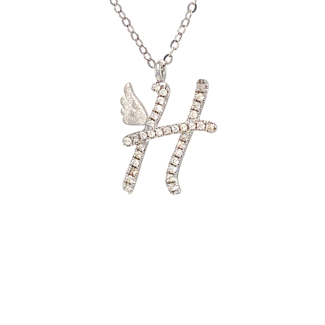 18K White Gold Stylish Wings Alphabet H Full Diamond Necklace