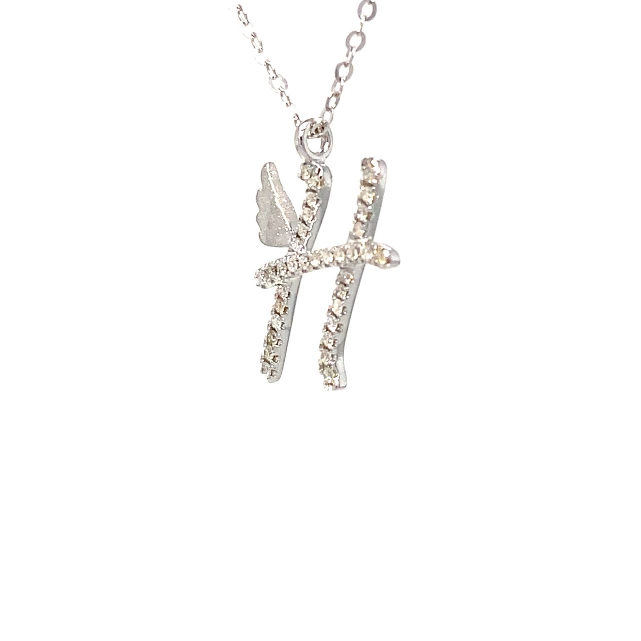 18K White Gold Stylish Wings Alphabet H Full Diamond Necklace