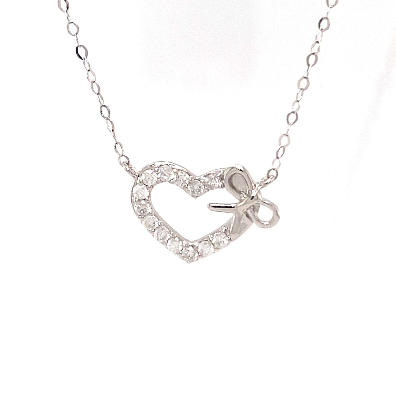 18K White Gold Bow Heart Diamond Necklace