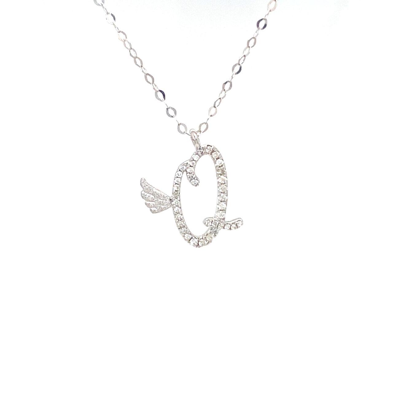 18K White Gold Stylish Wings Alphabet Q Full Diamond Necklace