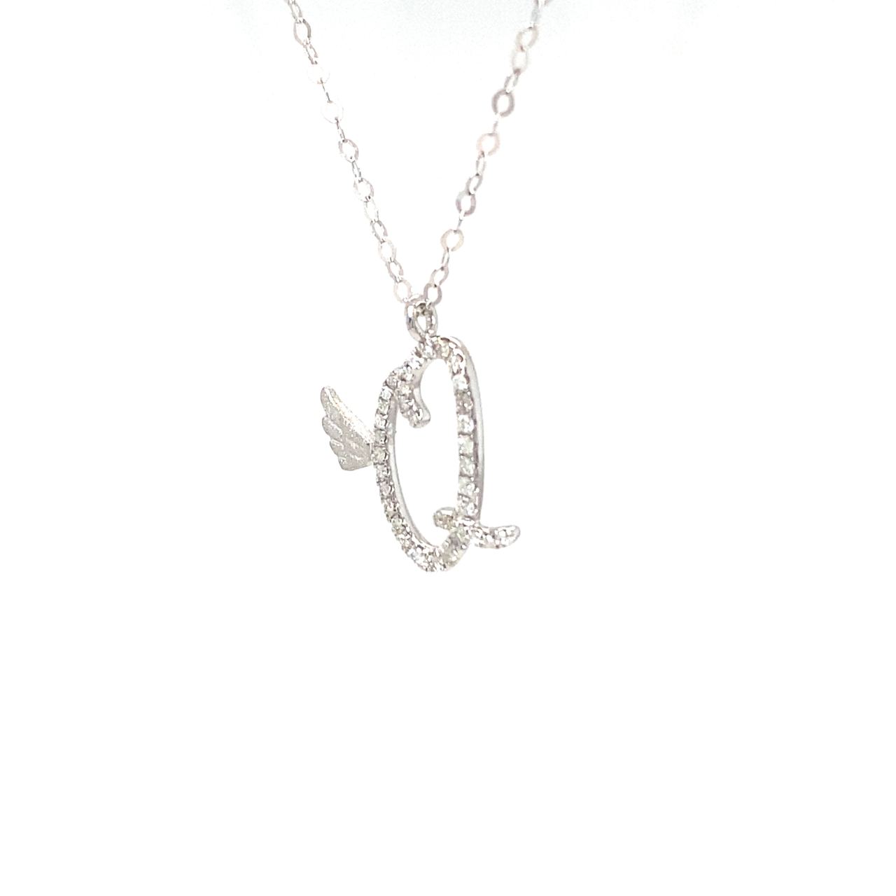 18K White Gold Stylish Wings Alphabet Q Full Diamond Necklace