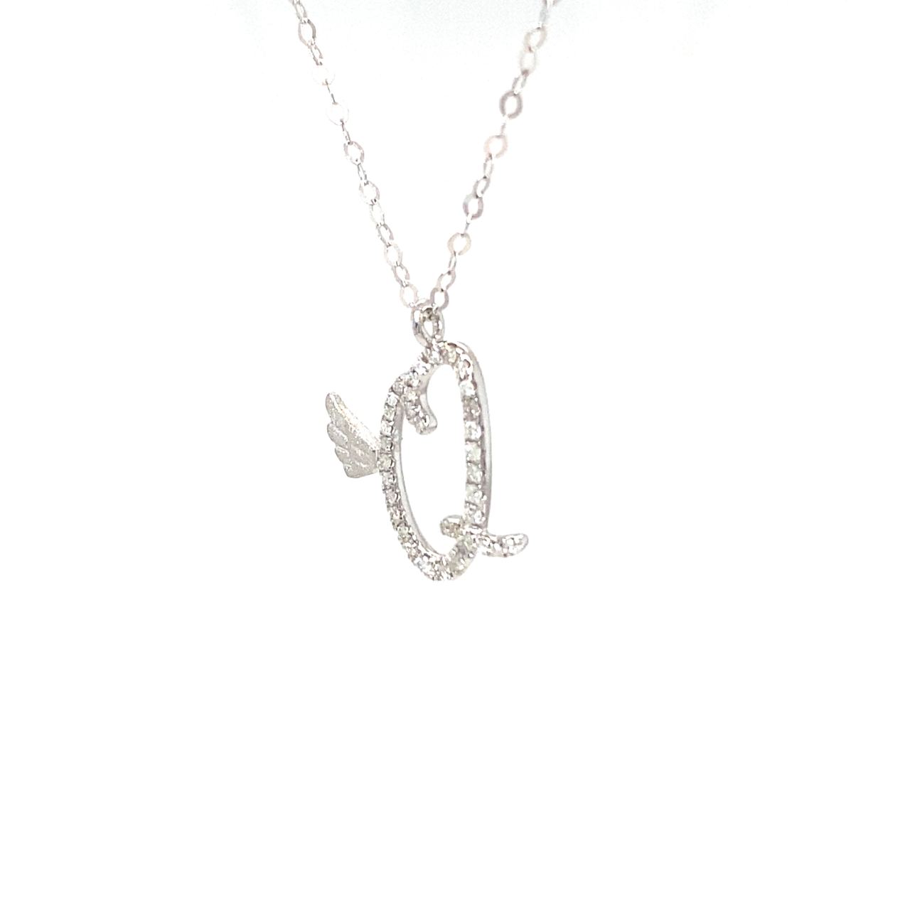 18K White Gold Stylish Wings Alphabet Q Full Diamond Necklace