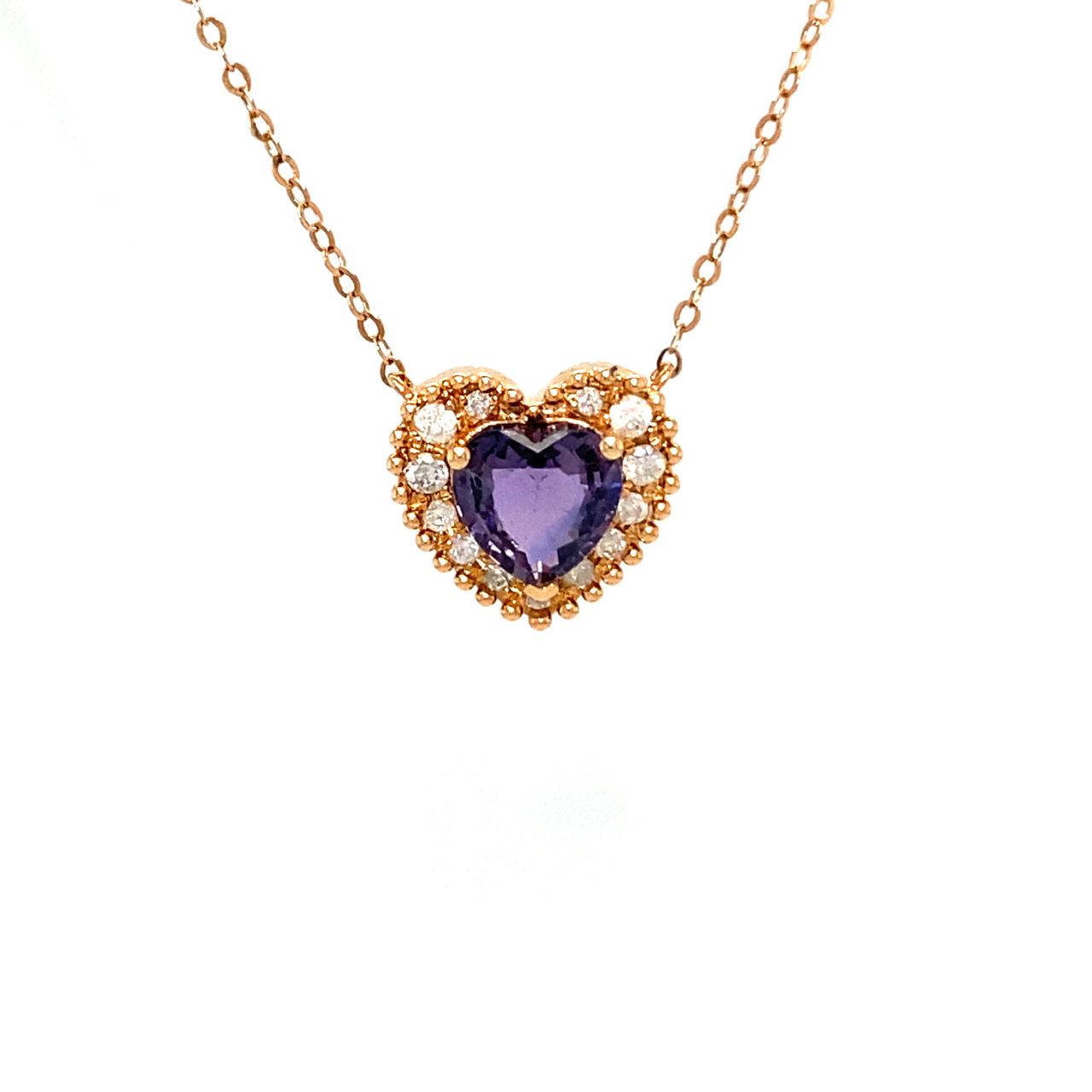 18K Rose Gold Milgrain Sweet Heart Purple Sapphire Diamond Halo Necklace