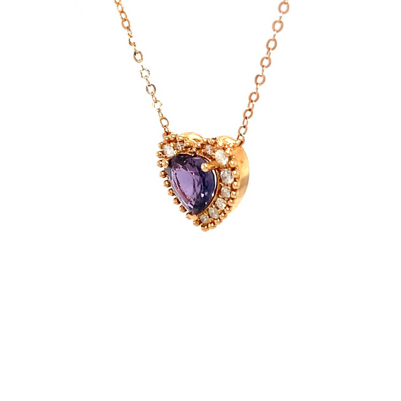 18K Rose Gold Milgrain Sweet Heart Purple Sapphire Diamond Halo Necklace