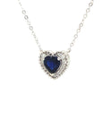 18K White Gold Milgrain Sweet Heart Blue Sapphire Diamond Halo Necklace