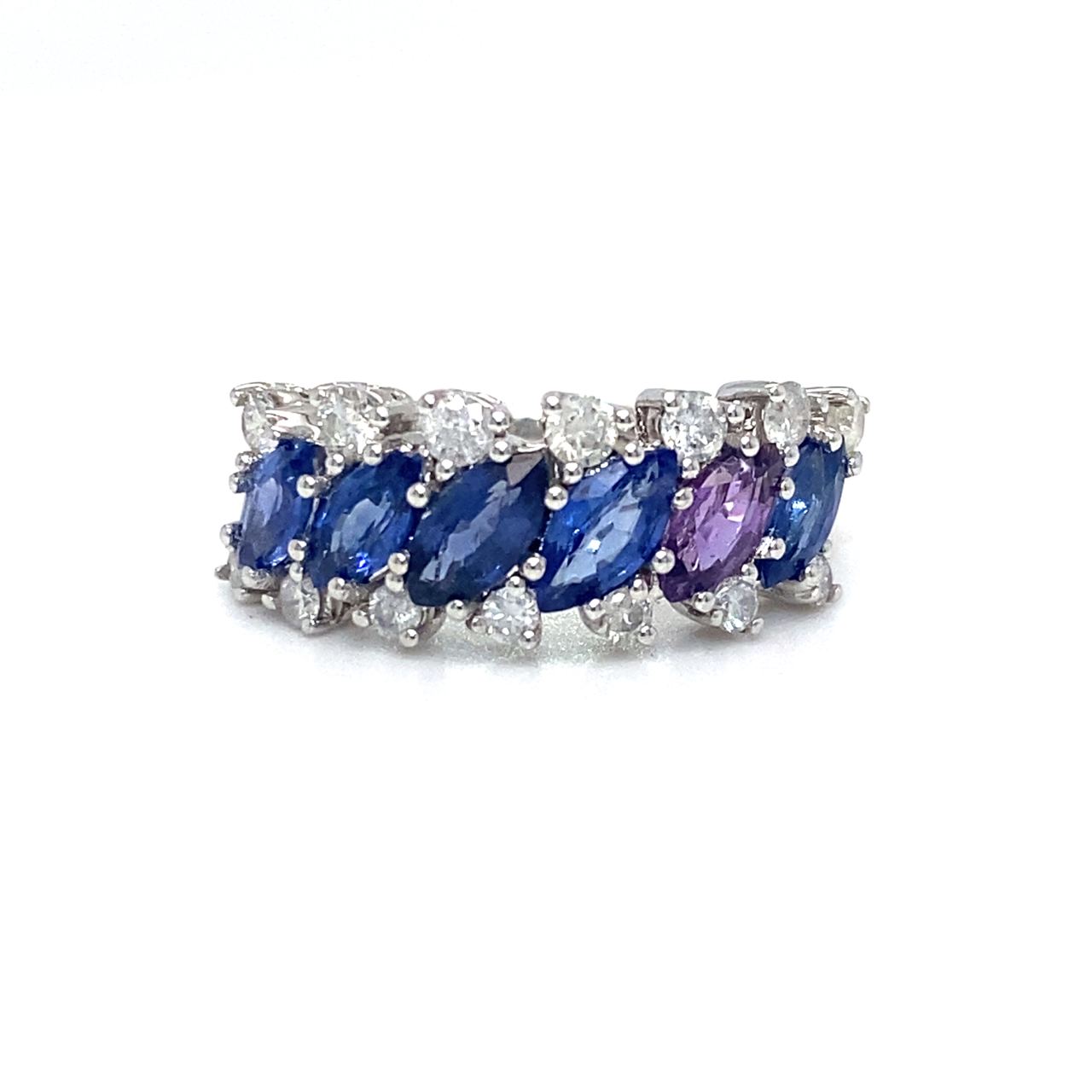 18K White Gold  Blue Marquise Sapphire Italic Diamond  Ring