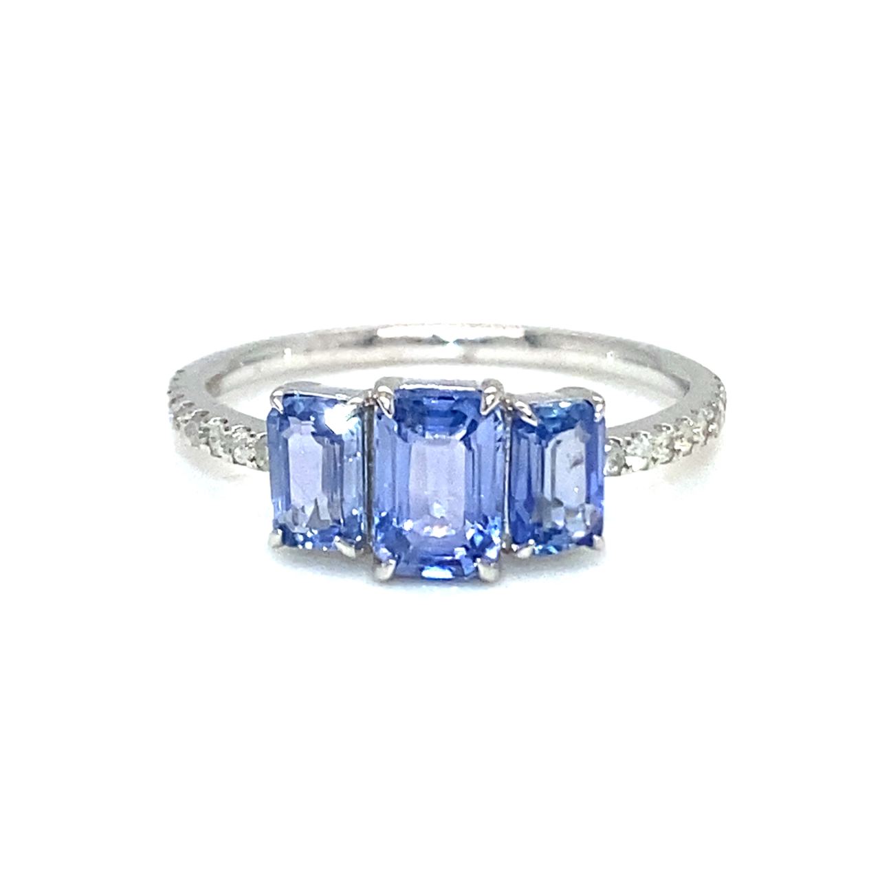 18K White Gold Trilogy Blue Emerald Sapphire Diamond  Ring