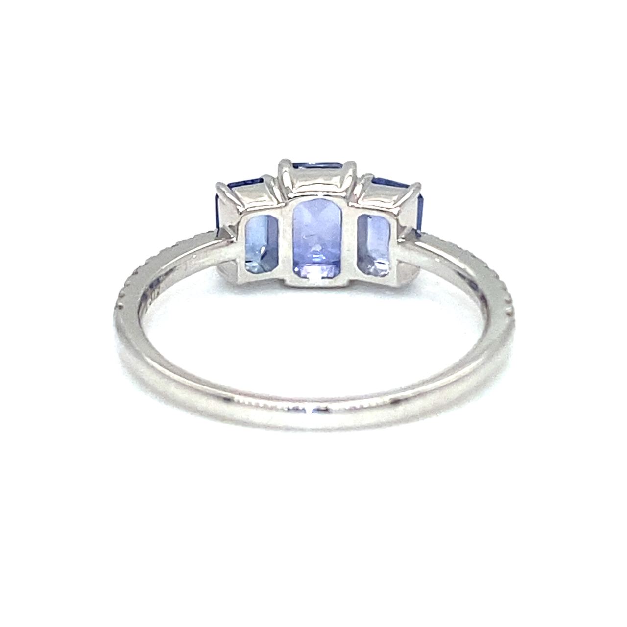18K White Gold Trilogy Blue Emerald Sapphire Diamond  Ring