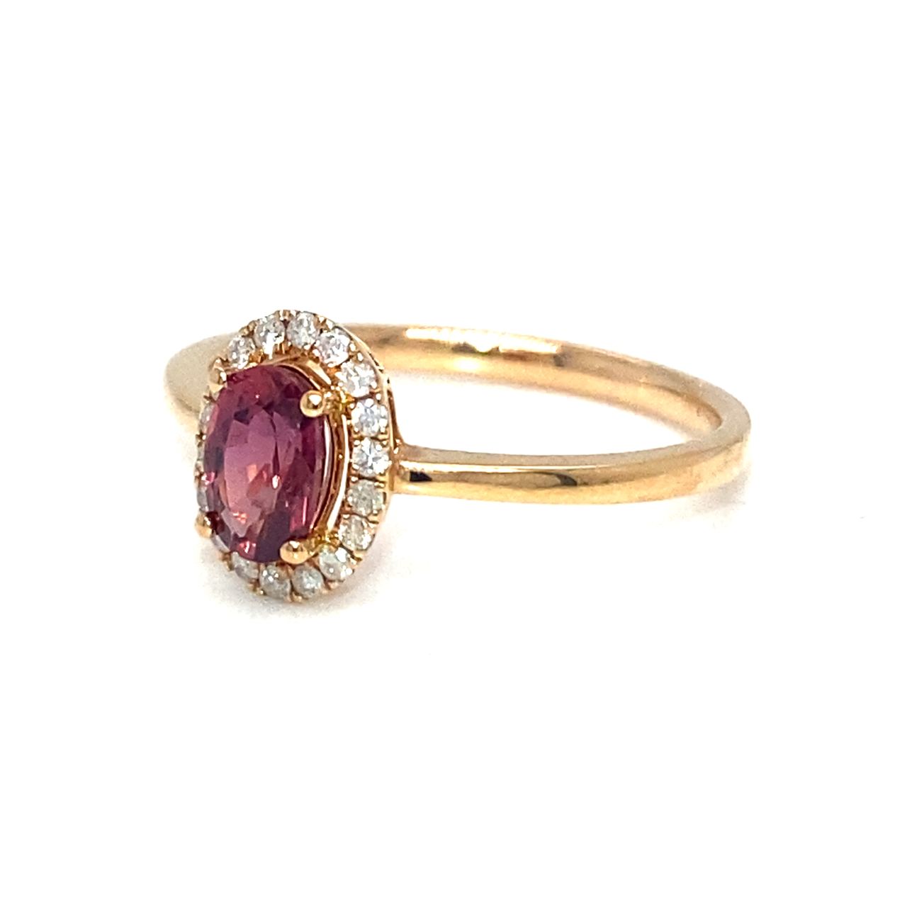 18K Rose Gold Red Sapphire Oval Halo Diamond Ring
