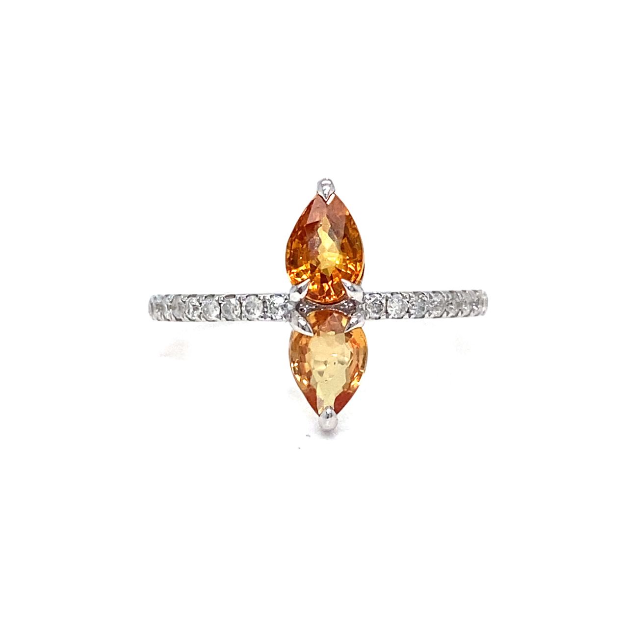 18K White Gold Orange Pear  Sapphire Up Down Diamond  Ring