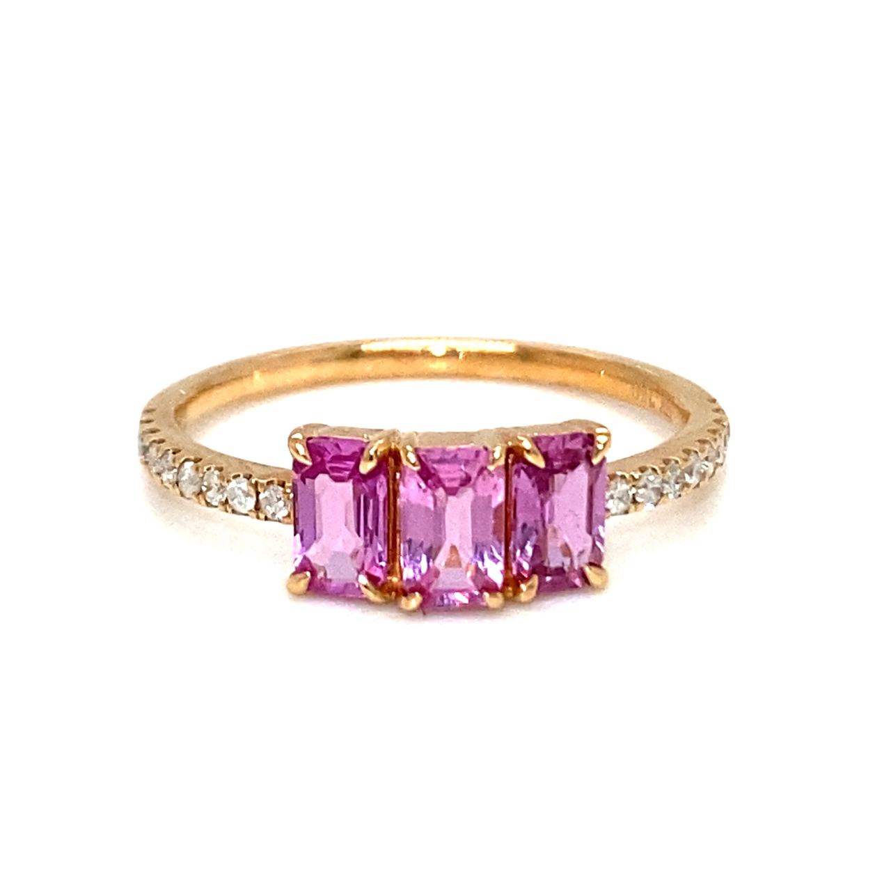 18K Rose Gold Trilogy Pink Emerald Sapphire Diamond  Ring