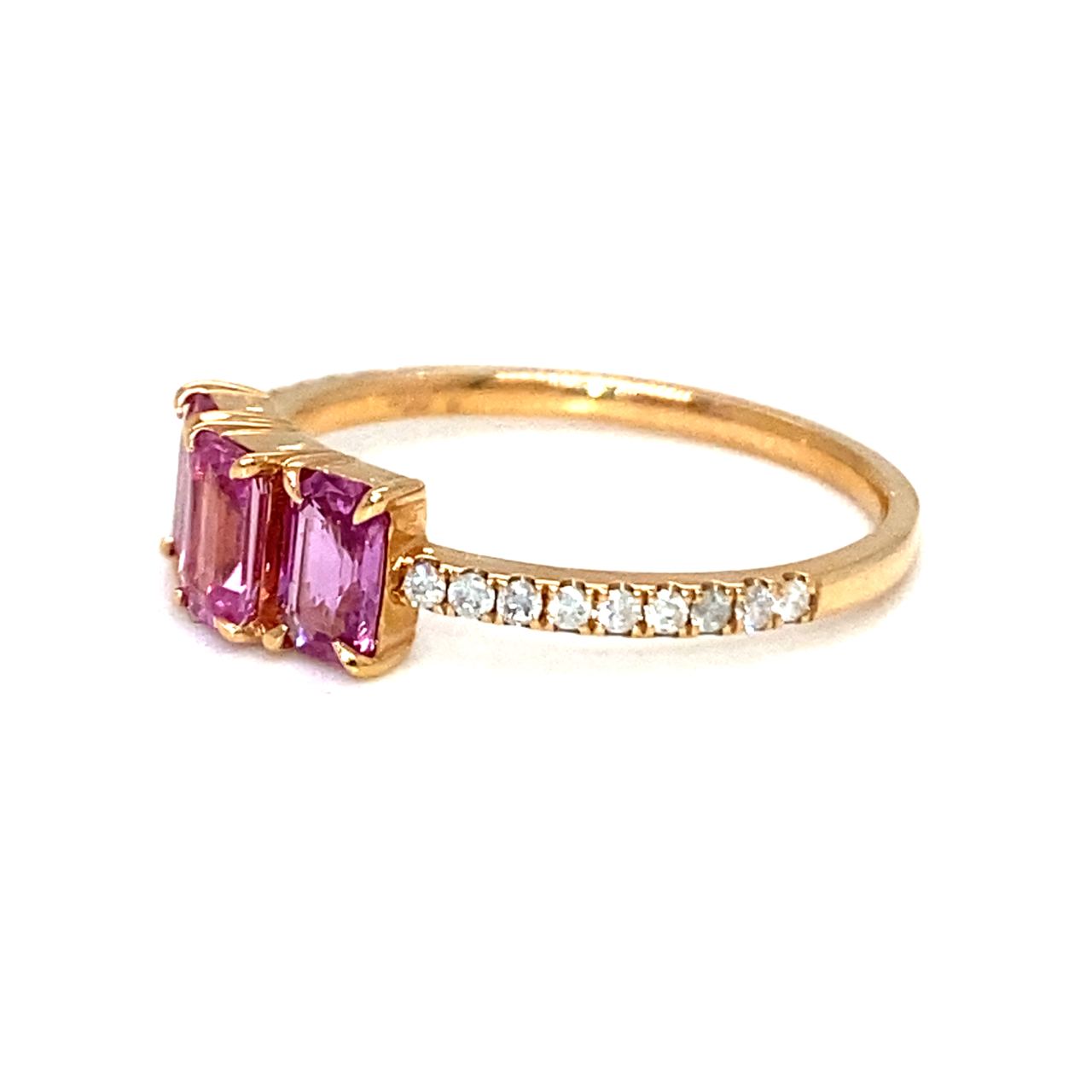 18K Rose Gold Trilogy Pink Emerald Sapphire Diamond  Ring